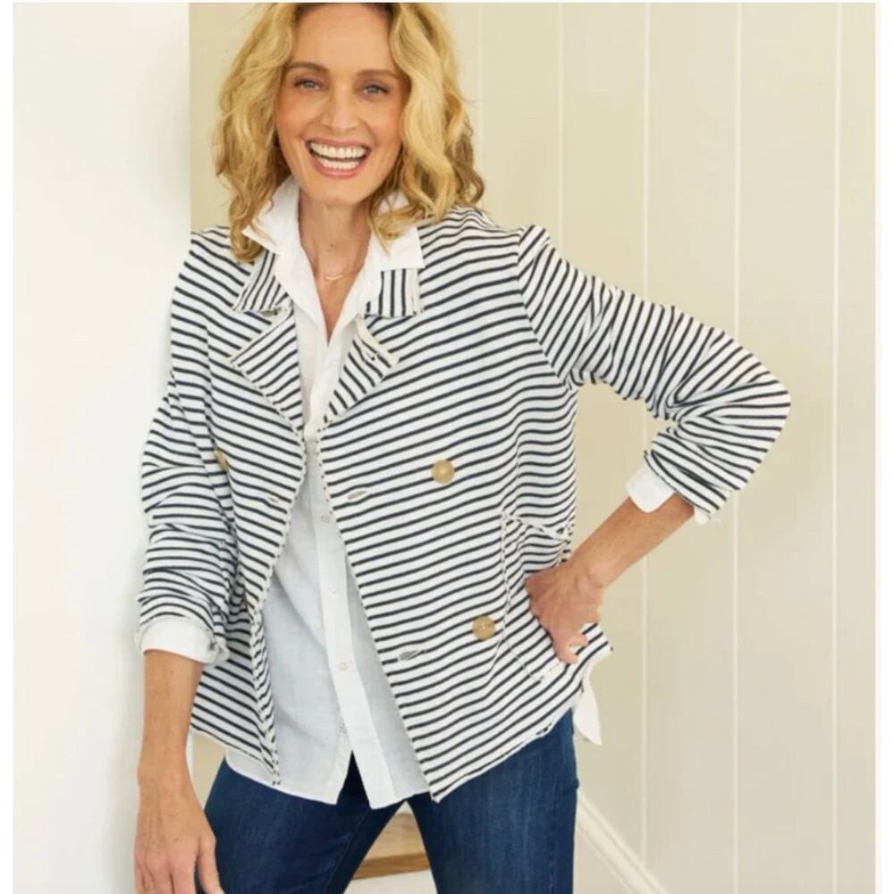 Frank & Eileen Mini Belfast Crop Peacoat Navy French Stripe Cotton Size Small - Picture 2 of 11